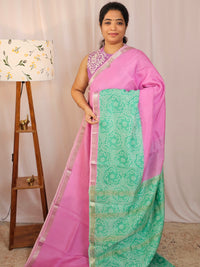 Handwoven Mangalagiri Pattu Saree with Digital Prints  - Pink with Sea Green