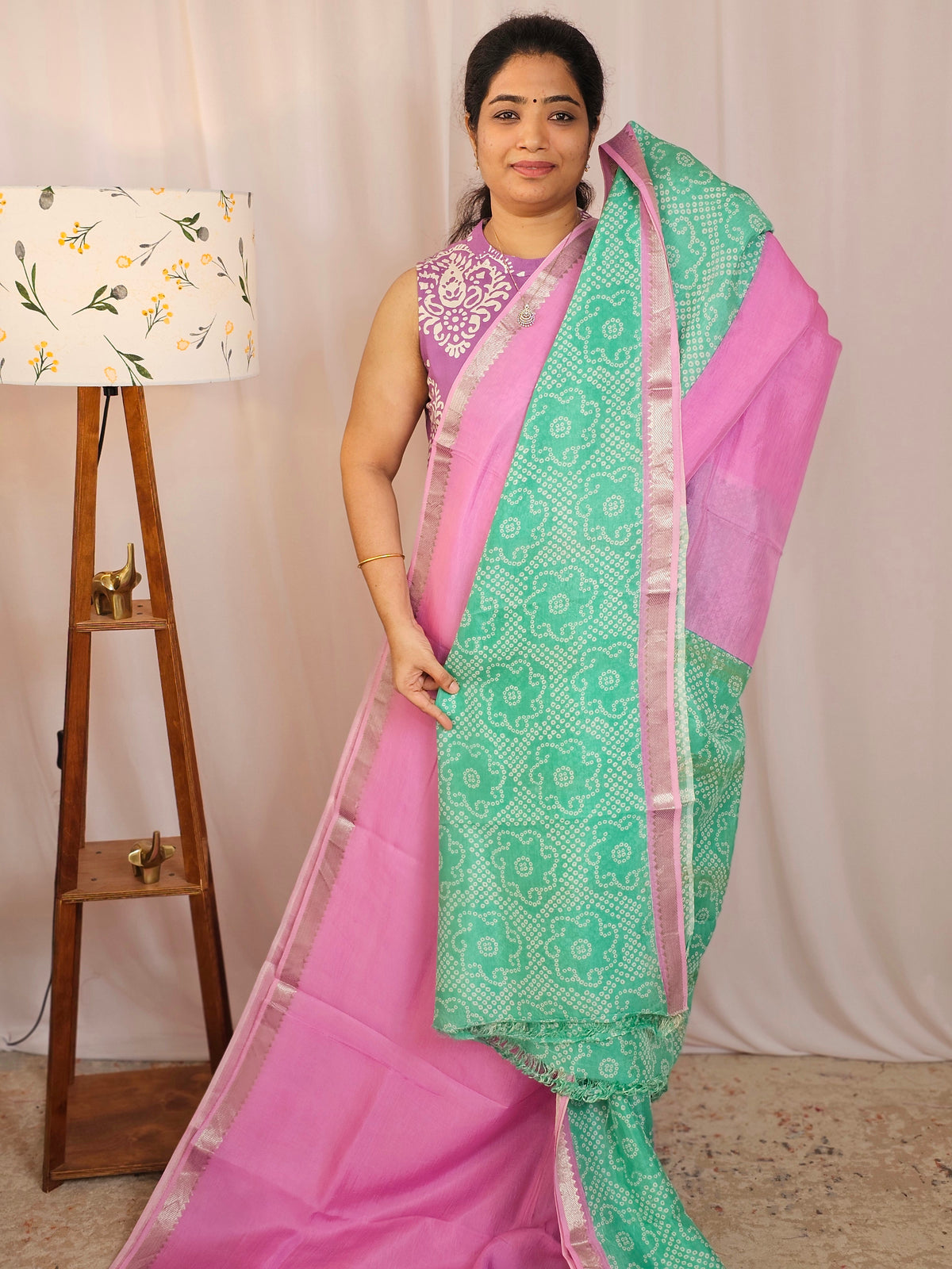 Handwoven Mangalagiri Pattu Saree with Digital Prints  - Pink with Sea Green