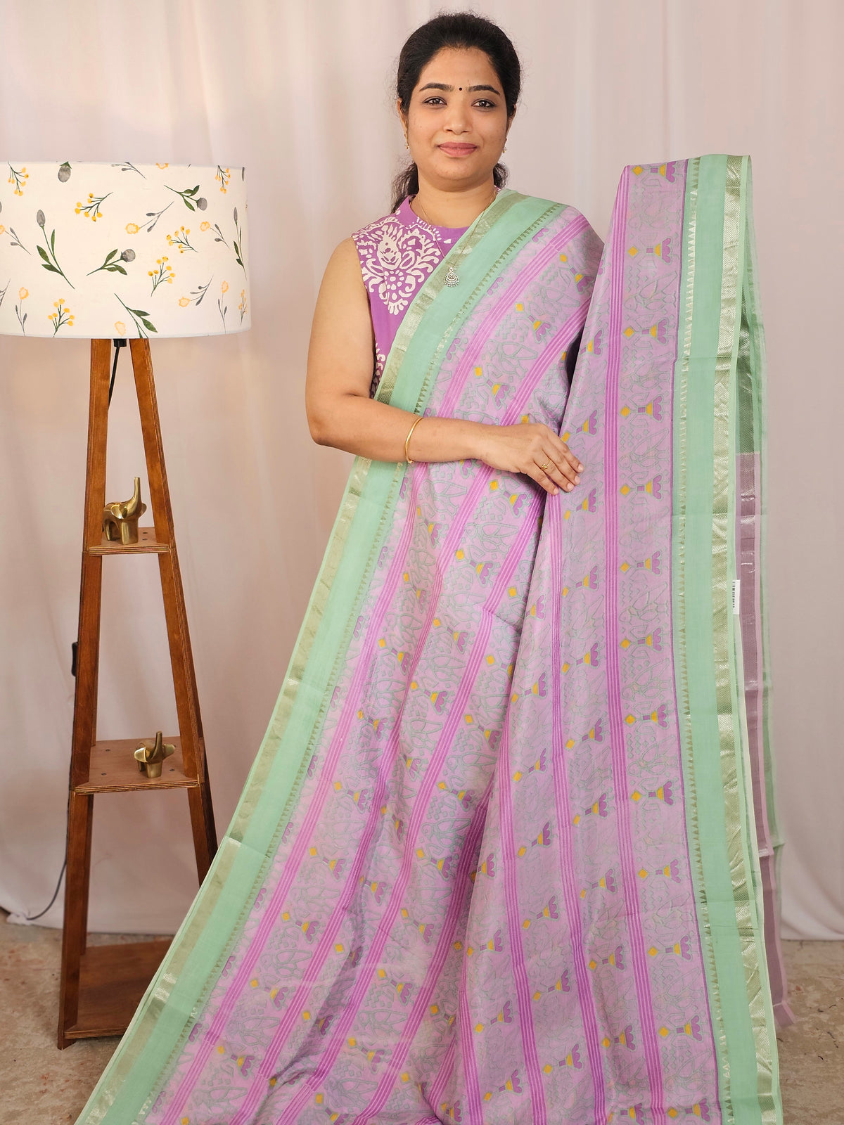 Handwoven Mangalagiri Pattu Saree with Digital Prints  - Purple with Sea Green