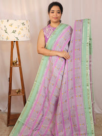 Handwoven Mangalagiri Pattu Saree with Digital Prints  - Purple with Sea Green