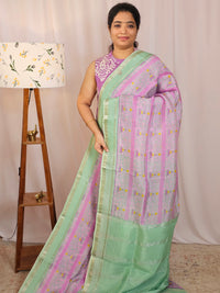 Handwoven Mangalagiri Pattu Saree with Digital Prints  - Purple with Sea Green