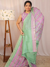 Handwoven Mangalagiri Pattu Saree with Digital Prints  - Purple with Sea Green