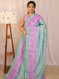 Handwoven Mangalagiri Pattu Saree with Digital Prints  - Lavender with Sea Green