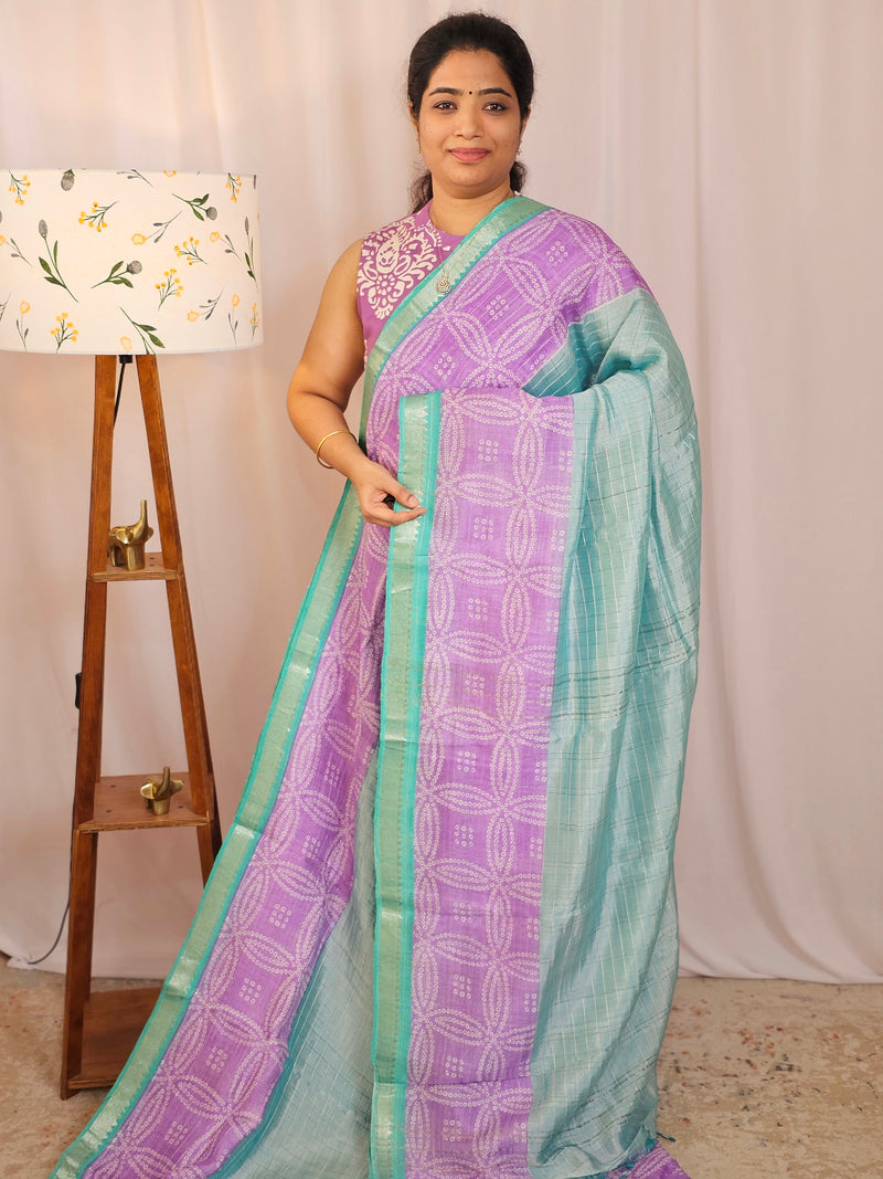 Handwoven Mangalagiri Pattu Saree with Bandhini Digital Prints  - Blue with Purple