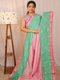 Handwoven Mangalagiri Pattu Saree with Bandhini Digital Prints  - Pink with Green