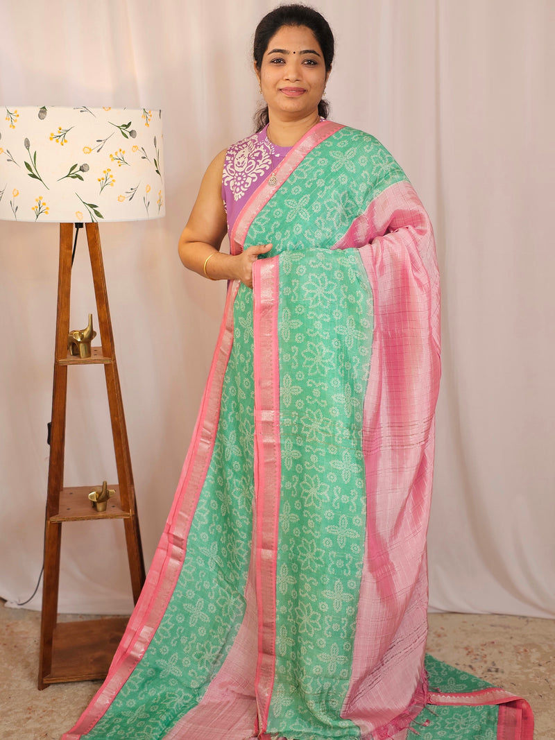Handwoven Mangalagiri Pattu Saree with Bandhini Digital Prints  - Pink with Green
