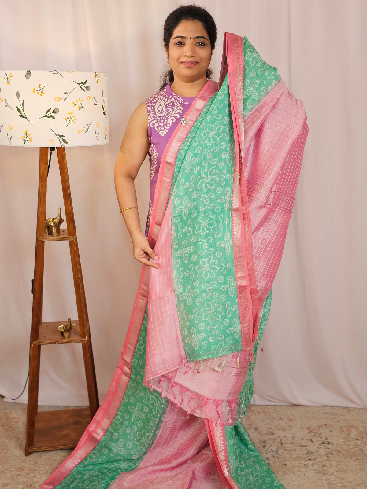 Handwoven Mangalagiri Pattu Saree with Bandhini Digital Prints  - Pink with Green