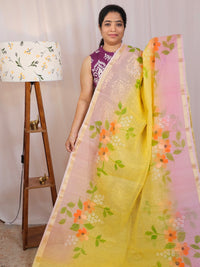 Semi Tussar Kota with Hand Painted Saree - Yellow with Pink