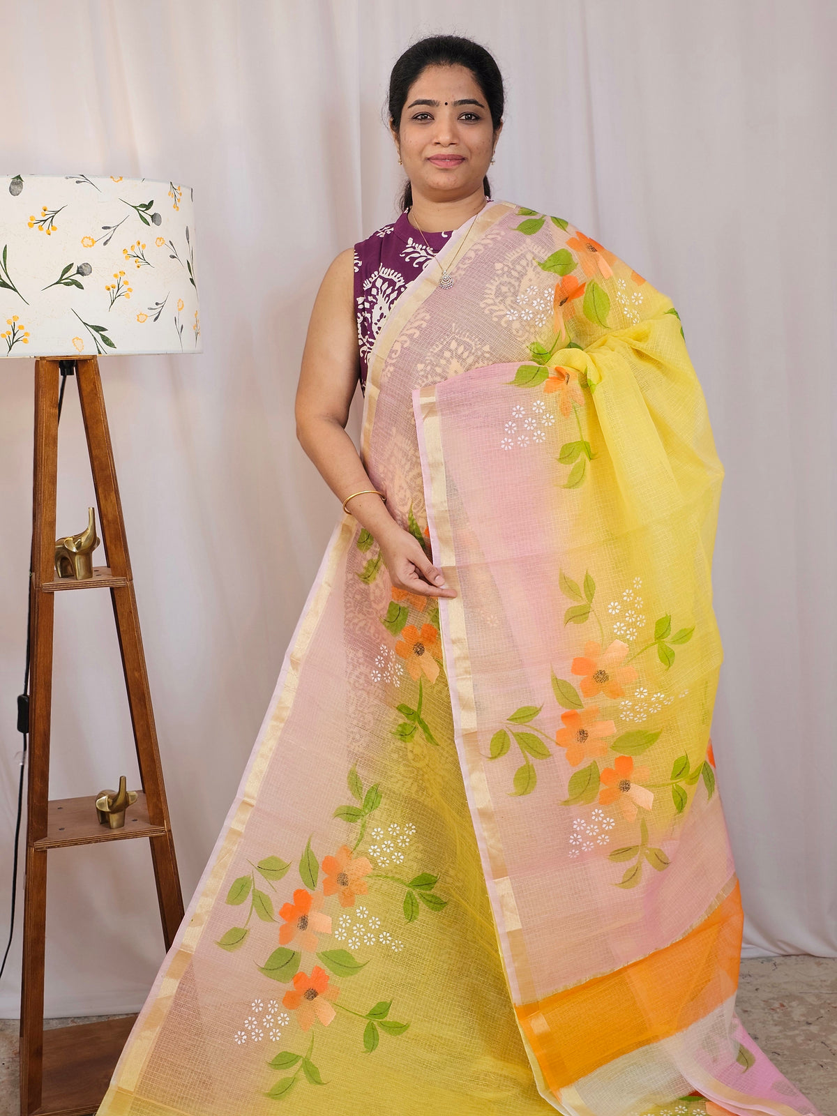 Semi Tussar Kota with Hand Painted Saree - Yellow with Pink
