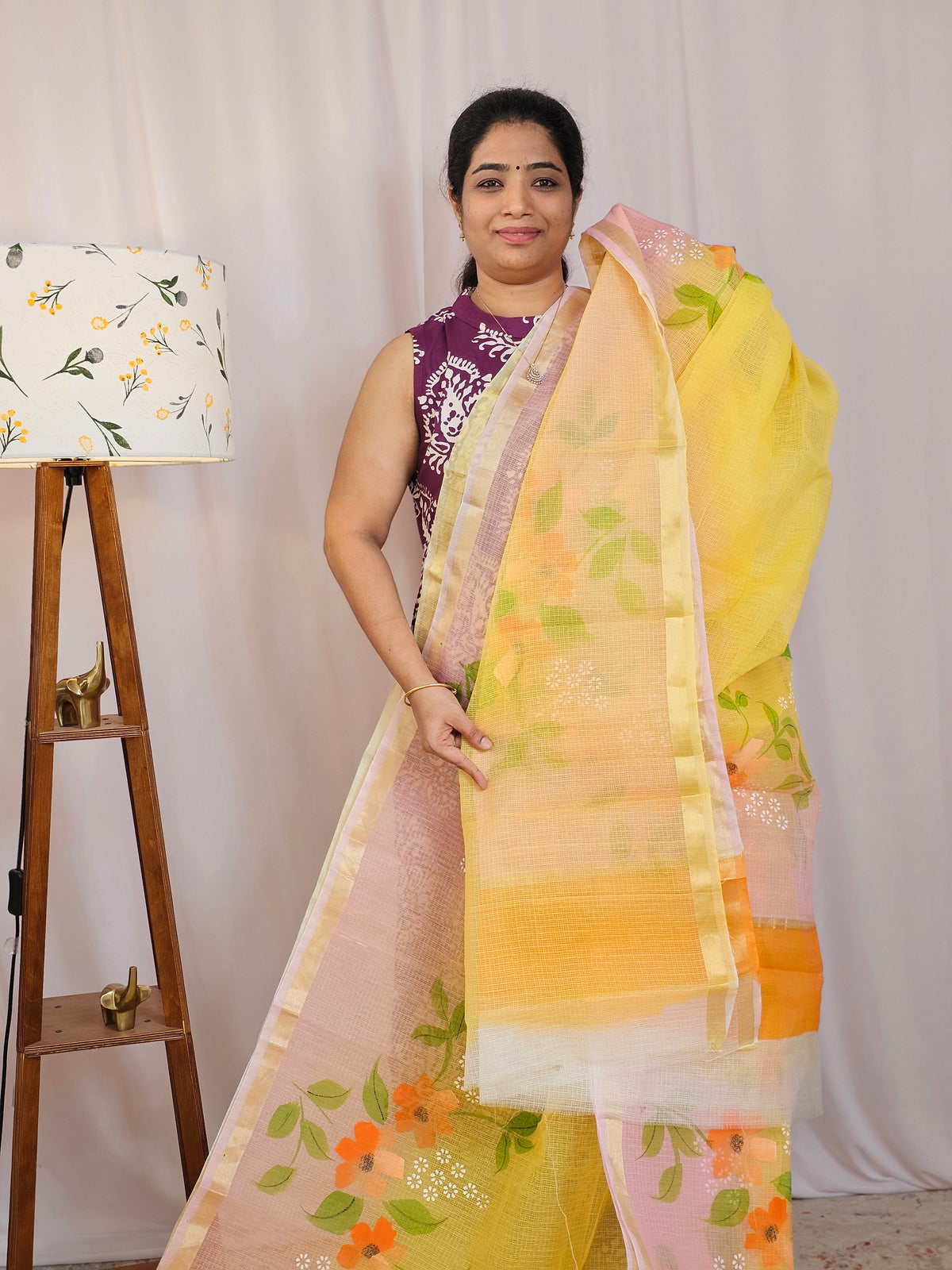 Semi Tussar Kota with Hand Painted Saree - Yellow with Pink