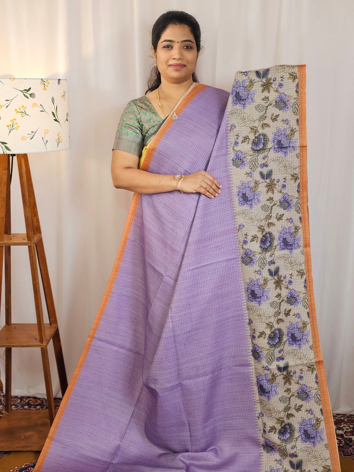 Casual Semi Tussar Checks Saree - Lavender with Orange