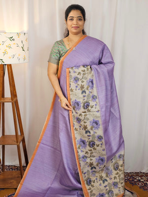 Casual Semi Tussar Checks Saree - Lavender with Orange