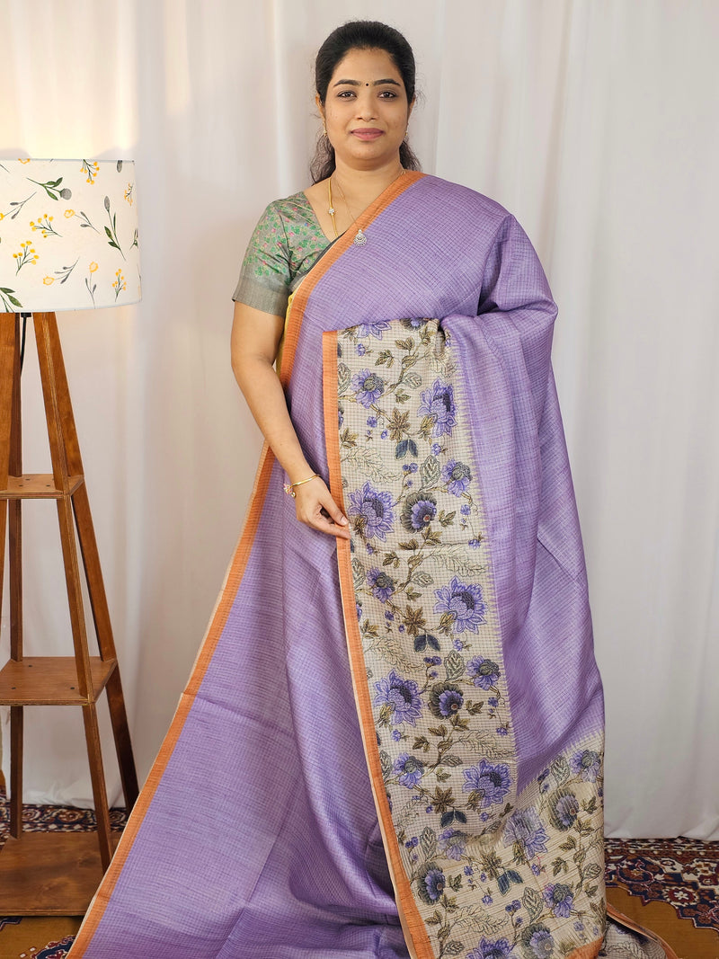Casual Semi Tussar Checks Saree - Lavender with Orange