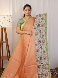 Casual Semi Tussar Checks Saree - Orange with Green