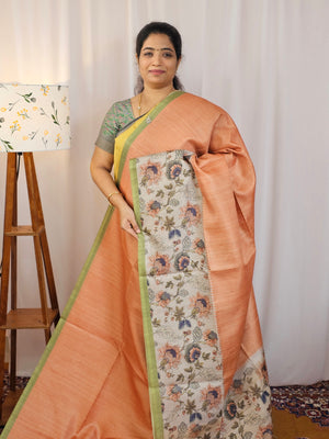 Casual Semi Tussar Checks Saree - Orange with Green