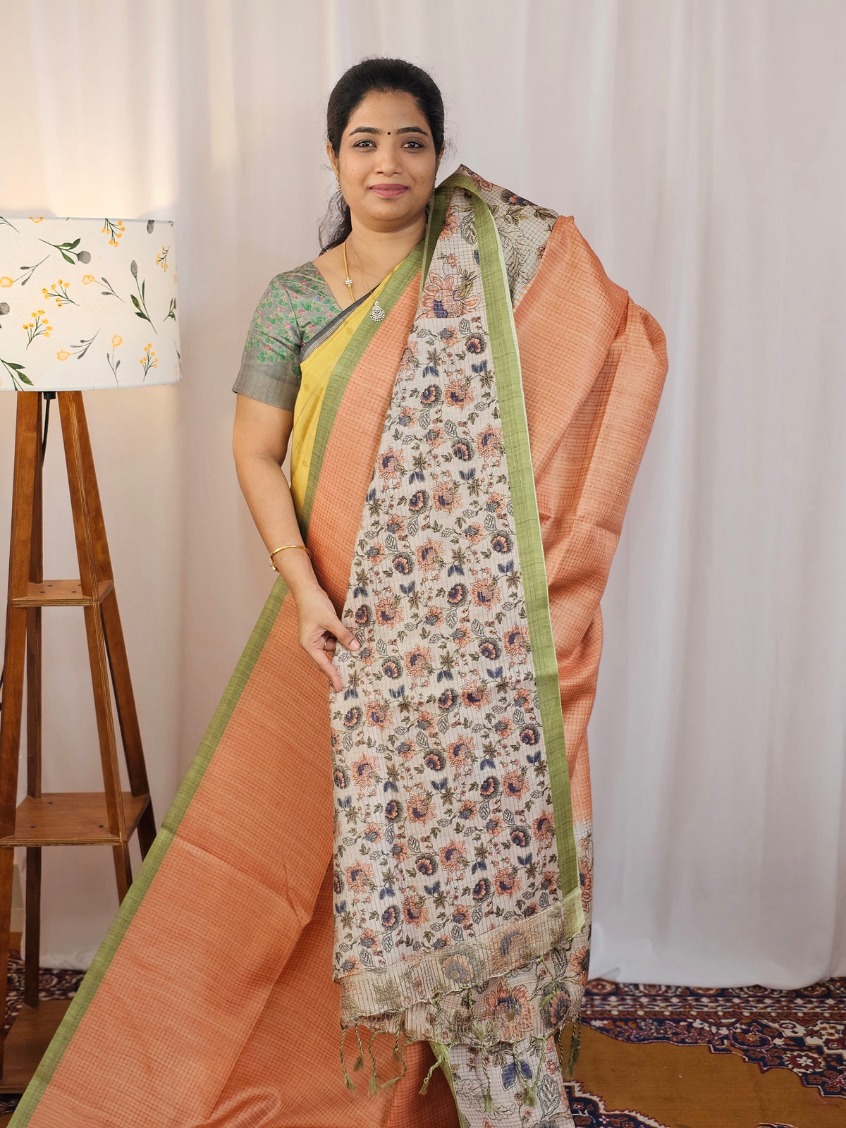 Casual Semi Tussar Checks Saree - Orange with Green