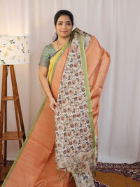 Casual Semi Tussar Checks Saree - Orange with Green