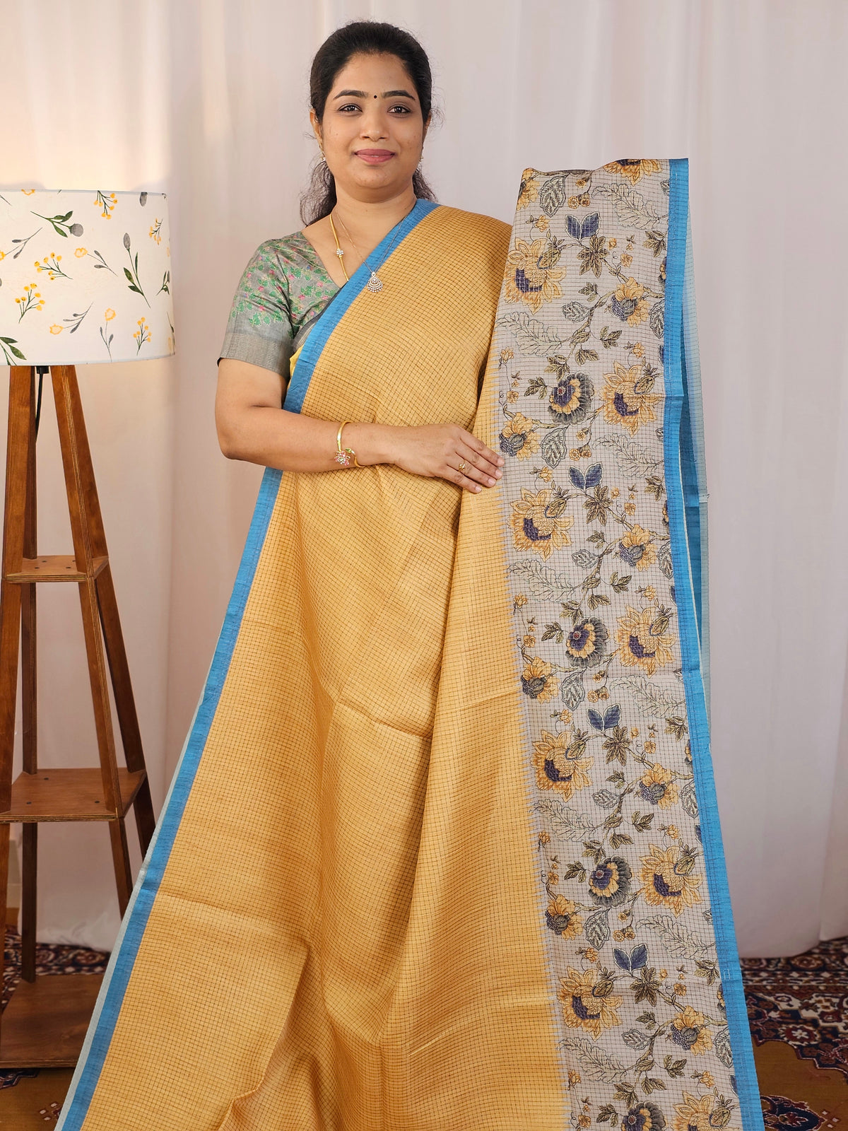 Casual Semi Tussar Checks Saree - Mustard with Blue