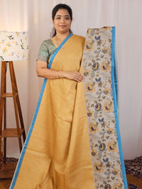 Casual Semi Tussar Checks Saree - Mustard with Blue