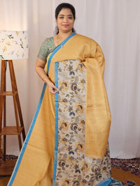 Casual Semi Tussar Checks Saree - Mustard with Blue