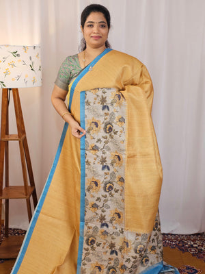 Casual Semi Tussar Checks Saree - Mustard with Blue