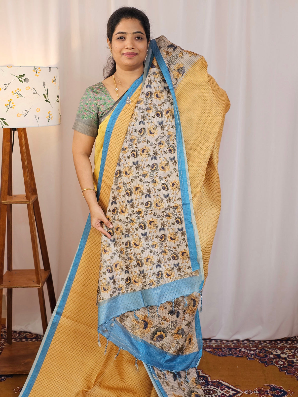 Casual Semi Tussar Checks Saree - Mustard with Blue