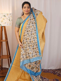 Casual Semi Tussar Checks Saree - Mustard with Blue