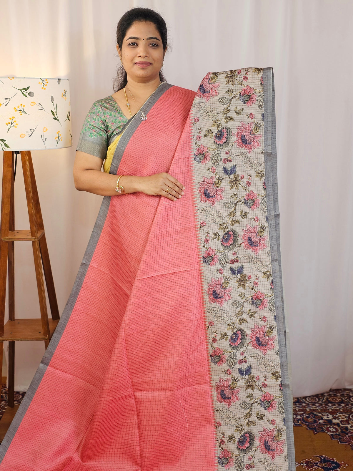 Casual Semi Tussar Checks Saree - Peach