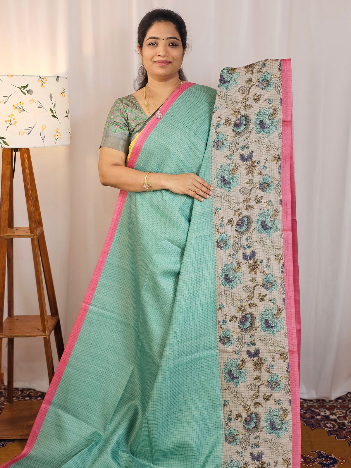 Casual Semi Tussar Checks Saree - Sea Green with Pink