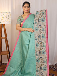 Casual Semi Tussar Checks Saree - Sea Green with Pink