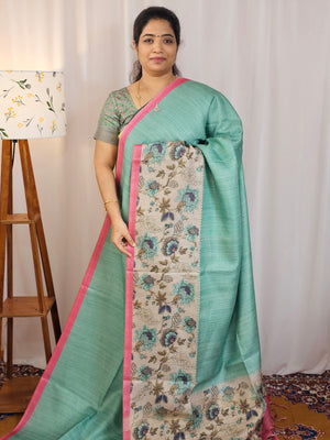 Casual Semi Tussar Checks Saree - Sea Green with Pink