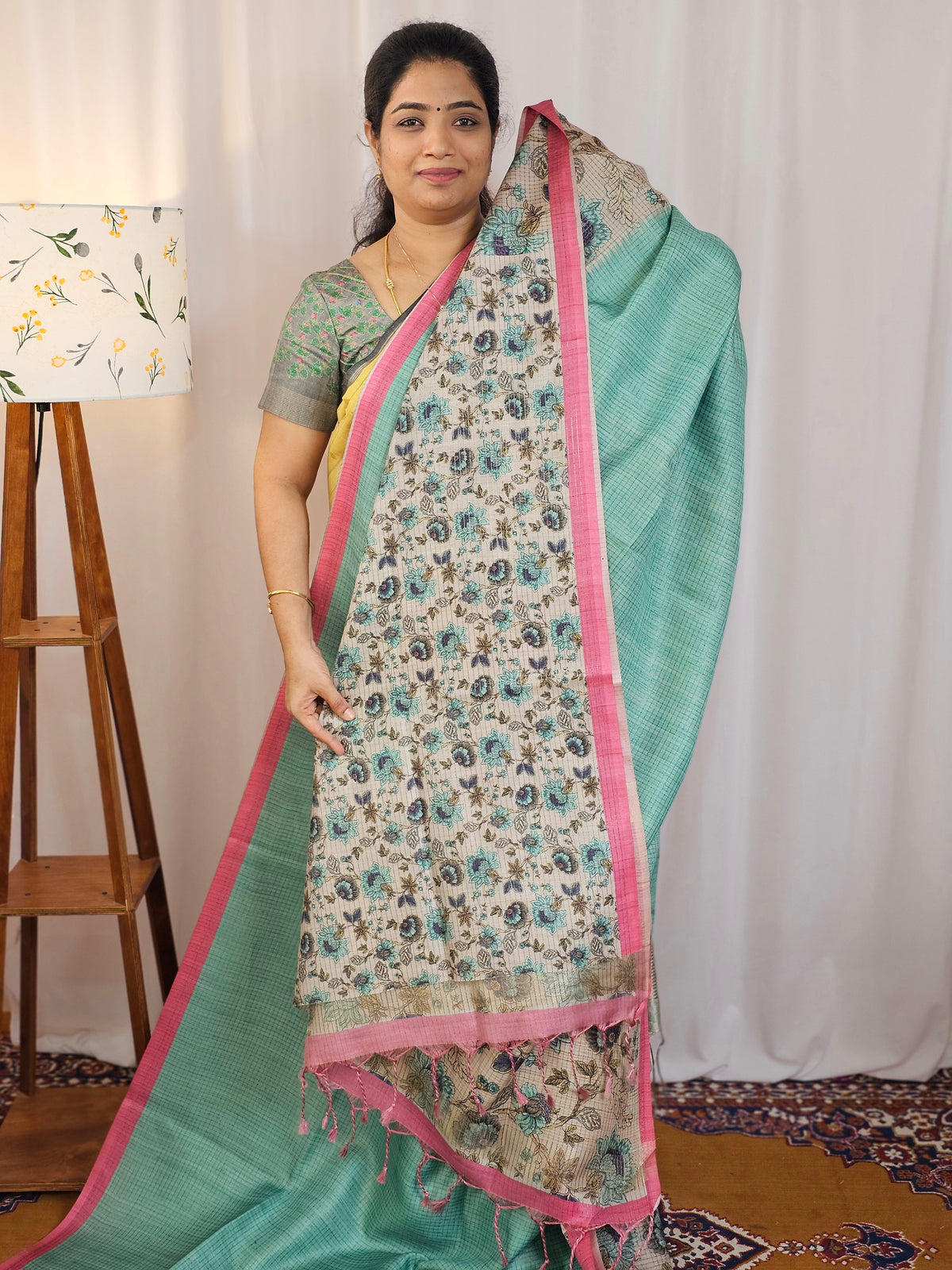 Casual Semi Tussar Checks Saree - Sea Green with Pink