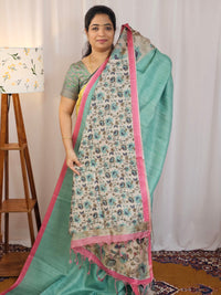 Casual Semi Tussar Checks Saree - Sea Green with Pink