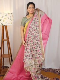 Casual Semi Tussar Checks Saree - Pink