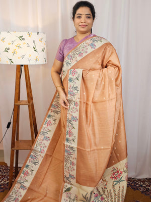 Unique Semi Tussar with Zari Weaving Butti - Brown