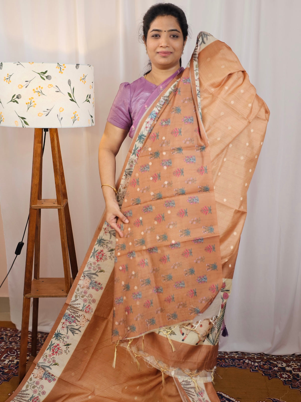 Unique Semi Tussar with Zari Weaving Butti - Brown