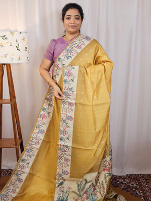 Unique Semi Tussar with Zari Weaving Butti - Mustard Yellow