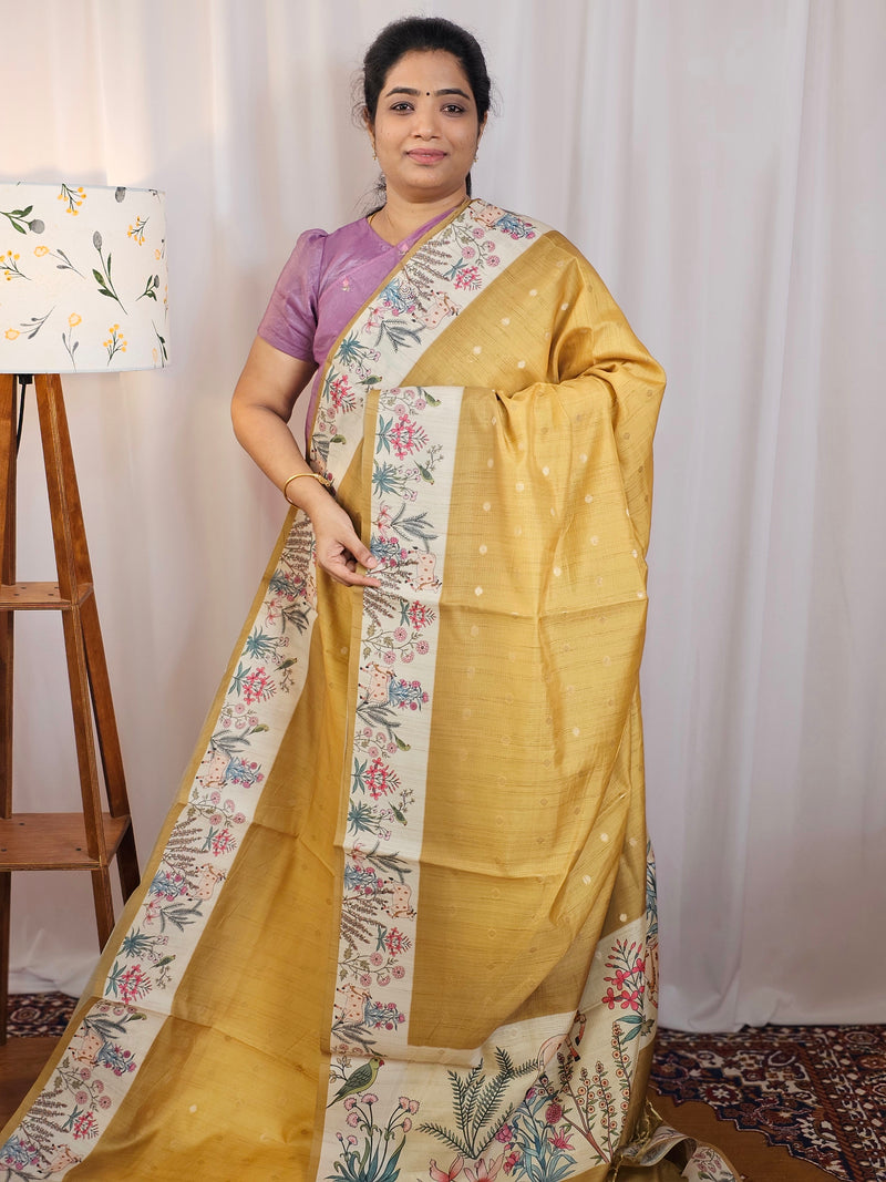 Unique Semi Tussar with Zari Weaving Butti - Mustard Yellow
