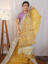 Unique Semi Tussar with Zari Weaving Butti - Mustard Yellow