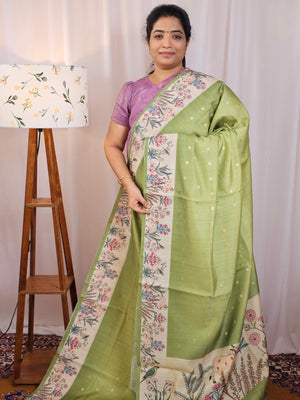 Unique Semi Tussar with Zari Weaving Butti - Green