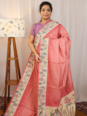 Unique Semi Tussar with Zari Weaving Butti - Peach