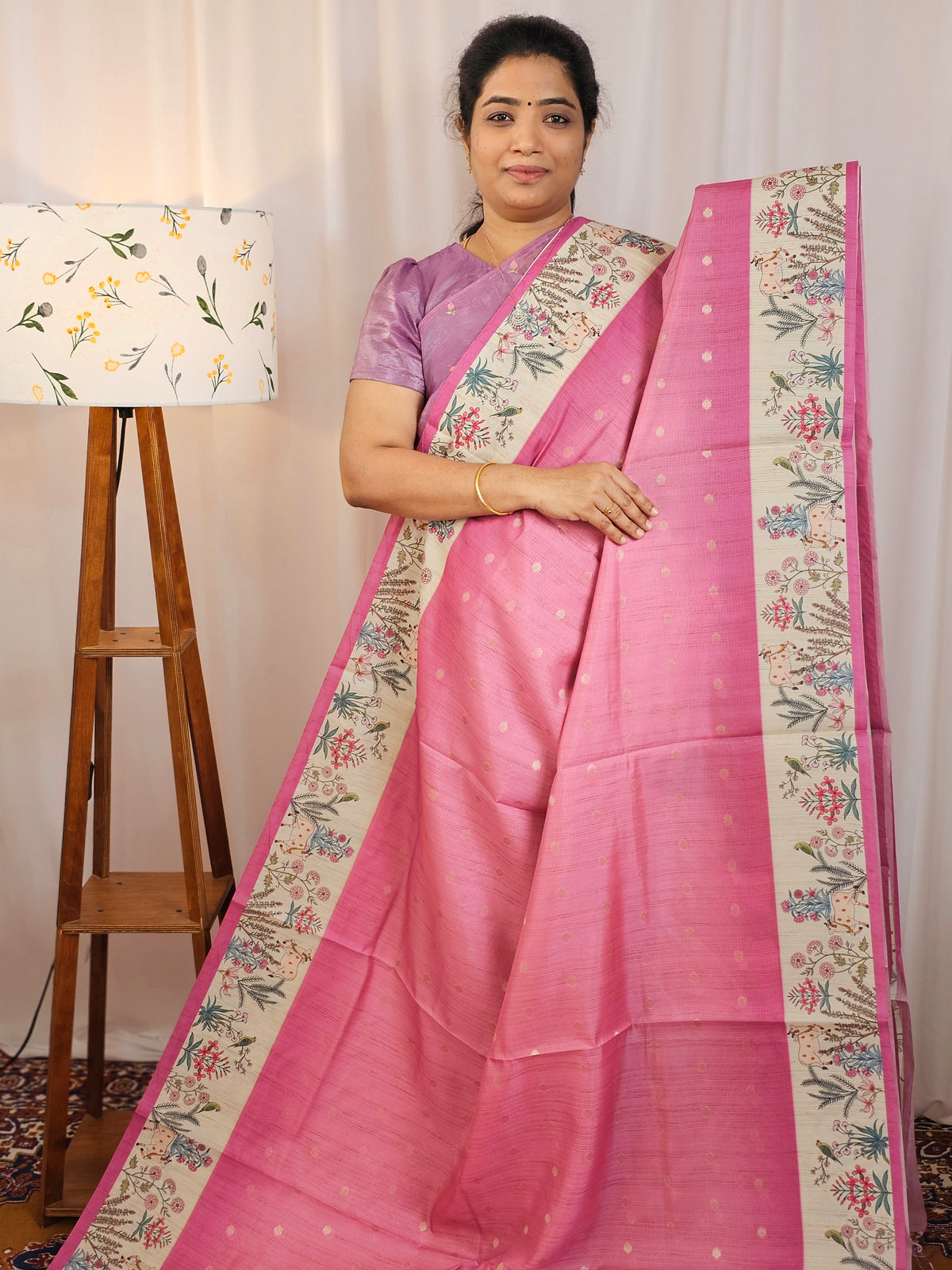Unique Semi Tussar with Zari Weaving Butti - Pink