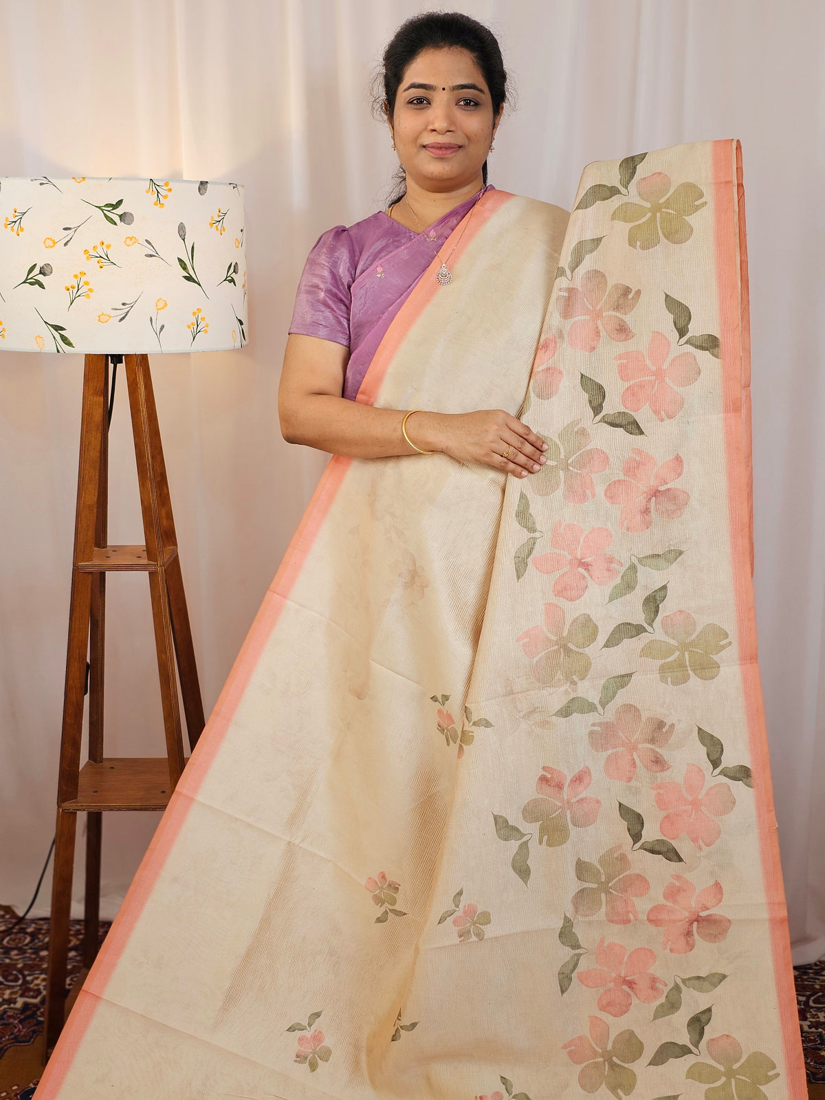 Soft Semi Tussar with Digital Prints  - Cream with Orange