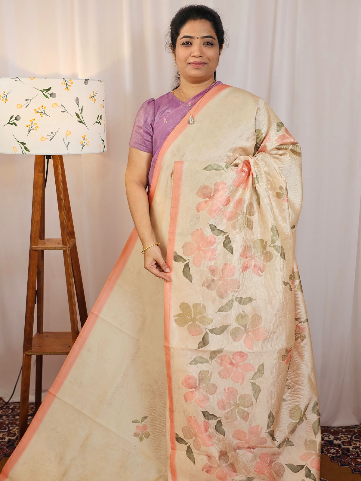 Soft Semi Tussar with Digital Prints  - Cream with Orange
