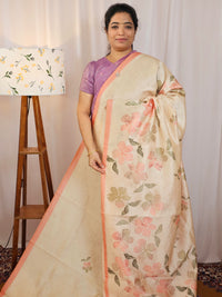 Soft Semi Tussar with Digital Prints  - Cream with Orange