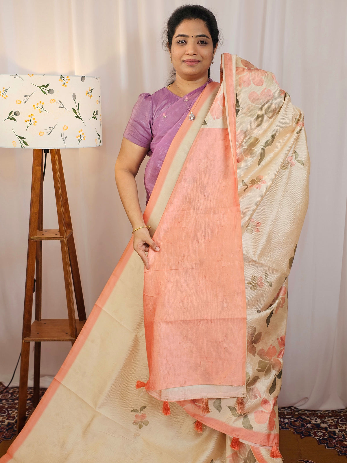 Soft Semi Tussar with Digital Prints  - Cream with Orange