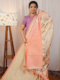 Soft Semi Tussar with Digital Prints  - Cream with Orange