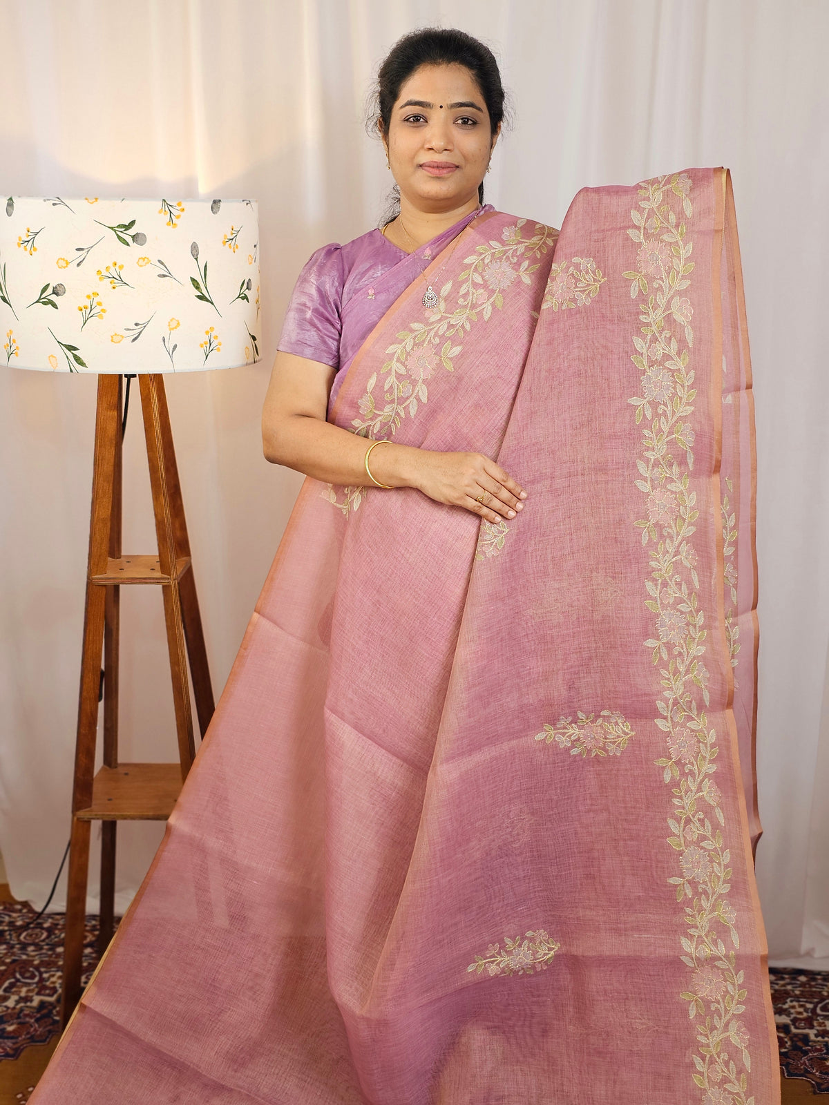 Linen Tissue with Aari Work - Pink