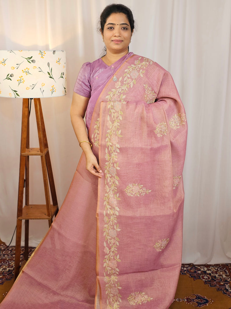 Linen Tissue with Aari Work - Pink