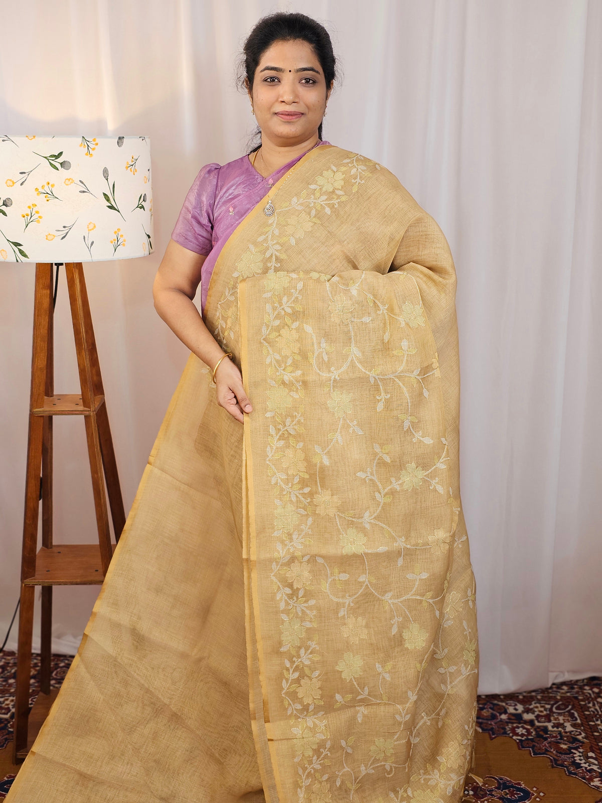 Linen Tissue with Aari Work - Lite Mustard Yellow
